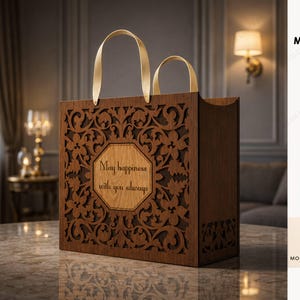 May include: A rectangular wooden gift bag with intricate laser-cut floral patterns and two light-colored handles. The center features an octagonal panel with the engraved text 'May happiness with you always'. The design includes 3mm material specifications.