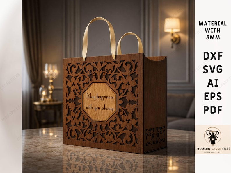 May include: A rectangular wooden gift bag with intricate laser-cut floral patterns and two light-colored handles. The center features an octagonal panel with the engraved text 'May happiness with you always'. The design includes 3mm material specifications.