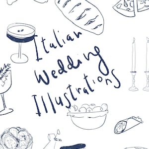 Italiaanse bruiloftsschetsen PNG-bestanden Clipart klaar om te worden toegevoegd aan je uitnodigingen en bruiloftsbriefpapier. Uniek en met de hand getekend.