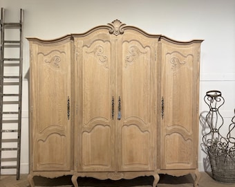 Large French Armoire / Vintage French Wardrobe / Louis XV style Armoire / 4 door Oak Armoire