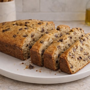 Op de afbeelding: Een gesneden brood met chocolade chips op een wit bord. Het brood heeft een goudbruine korst en is bezaaid met chocolade chips. De plakken zijn dik en uitnodigend, perfect voor een snack of dessert.