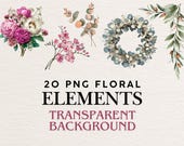 Floral Clipart PNG Bundle, 20 Botanical Elements, Watercolor Flowers, Wedding Clipart