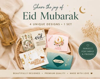 Eid Mubarak Card Bundle | 4 Printable PDF Greeting Cards | Islamic Card Set | Instant Download