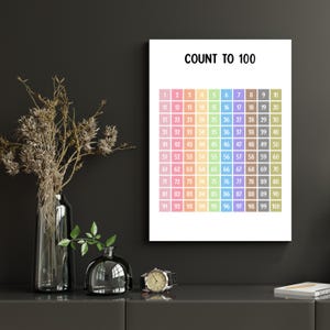 Cuadro imprimible de conteo hasta 100, póster educativo de arte de pared bohemio, póster de decoración de aula Montessori, impresiones preescolares, decoración de arte de pared para jardín de infantes