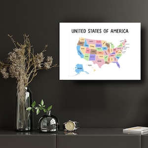 Mapa dos Estados Unidos da América para impressão Mapa dos EUA Cartaz educacional Boho Decoração de sala de aula Montessori Pôsteres Impressões para educação domiciliar Arte de parede Decoração