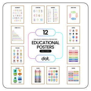 12 educatieve posters Montessori klas decor Homeschool prints regenboog handschrift alfabet grafiek ABC Boho peuter kamer kunst aan de muur decor