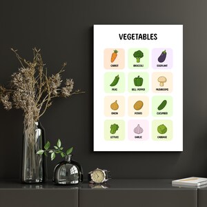 Cuadro de pósteres de verduras, póster educativo bohemio imprimible, póster de decoración de aula Montessori, impresiones de educación en el hogar, decoración de arte de pared para sala de juegos para niños