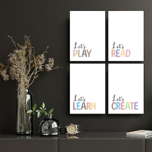 Conjunto de decoración de arte de pared Let's Play, póster Let's Create Learn Read, póster de decoración de aula Montessori, impresiones de educación en el hogar, decoración de arte de pared para guardería