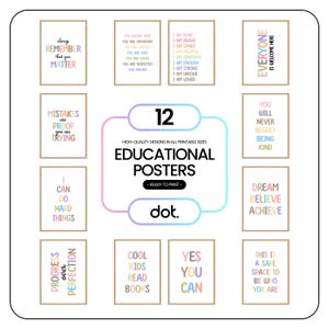 Pacote com 12 pôsteres motivacionais educacionais, decoração de sala de aula boho Montessori para educação domiciliar, afirmações positivas, cartão para crianças, arte de parede, impressão