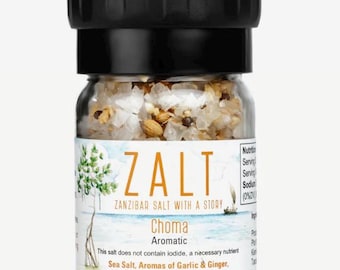 Zanzibar Choma Aromatic Seasoned Salt Grinder – Garlic, Ginger, Mustard, Coriander Blend