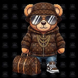Può includere: Illustrazione di un orso dei cartoni animati con cappello marrone, occhiali da sole e giacca marrone con catena d'oro. L'orso tiene in mano una borsa da viaggio marrone e indossa jeans blu e scarpe da ginnastica bianche.