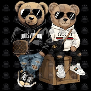 May include: Two cartoon teddy bears wearing sunglasses and designer clothing. One bear is in a black hoodie with "LOUIS VUITTON" text, ripped jeans, and sneakers. The other bear wears a white hoodie with "GUCCI" text, ripped black jeans, and sneakers.