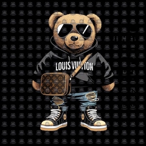 Ours en peluche Urban LV Designer, ours en peluche sweat LV, ours en peluche avec sac, design hip hop png, vêtements de luxe png, Hip Hop Sunset Png
