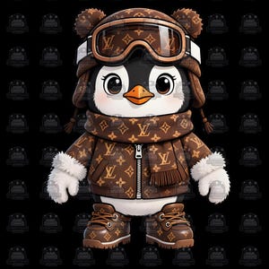 May include: A cartoon penguin wearing a brown winter outfit with a repeating logo pattern. The outfit includes a hat with goggles, a jacket, a scarf, gloves, and boots. The penguin has a white belly, black back, and an orange beak.