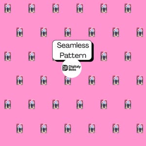 Op de afbeelding: Naadloos patroon op een roze achtergrond. Het patroon toont een herhalend ontwerp van een persoon onder een paraplu. De woorden "Seamless Pattern" staan in een witte rechthoek. Het logo van "Digitaly Boss" is ook aanwezig.