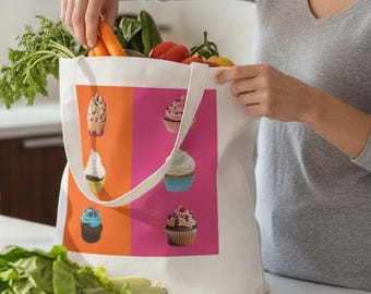 Sac cabas à cupcakes, imprimé desserts colorés, sac à provisions réutilisable, joli sac en toile, cadeau d'anniversaire pour les pâtissiers et les gourmands, écologique