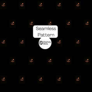 Op de afbeelding: Naadloos patroon met herhaalde pompoengezichten met gloeiende oranje ogen en glimlach op een zwarte achtergrond. De woorden "Seamless Pattern" staan in een witte rechthoek, met daaronder een logo.