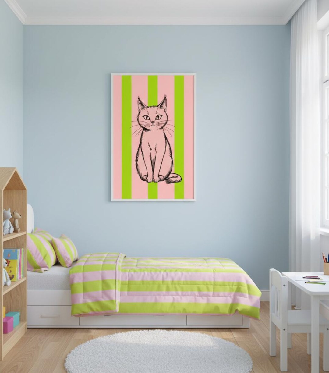 Pink Cat Wall Art Poster, Kawaii Cat Print for Kids Room, Cute Nursery ...