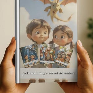 Op de afbeelding: Een kinderboek getiteld "Jack and Emily's Secret Adventure" met illustraties van twee kinderen en een draak. De cover bevat afbeeldingen van de personages en een vliegende draak tegen een blauwe lucht. Het boek wordt in de handen van een persoon gehouden.