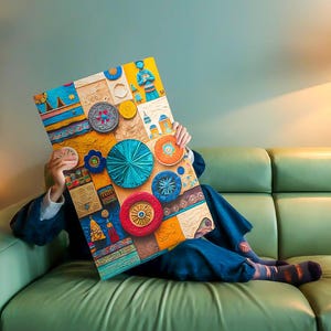 Op de afbeelding: Een kleurrijk kunstwerk met diverse cirkelvormige en geometrische patronen in tinten blauw, oranje, rood en geel. Het kunstwerk wordt vastgehouden door een persoon die op een groene bank zit. Het kunstwerk heeft een textuur.