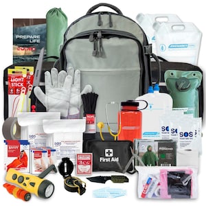 May include: A gray backpack filled with emergency supplies, including a first aid kit, water containers, a flashlight, a compass, a poncho, and other survival gear. The backpack is labeled "Emergency Zone".