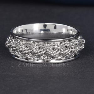 Alliance pour homme, large tressé en argent 925, or blanc 14 carats et platine 950, bague d'anniversaire