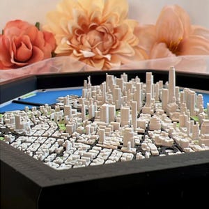 Op de afbeelding: Een wit 3D-model van een skyline, geplaatst in een zwart frame. Het model toont veel gebouwen en straten, met een blauwe en groene achtergrond. Perzikroze bloemen zijn zichtbaar op de achtergrond.