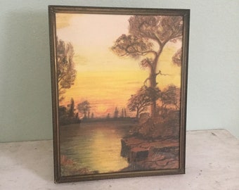Vintage Sunset Landscape Pastel Drawing, Trees, Rocks, Water, Lake, Orange/Black/Green, Spooky, Folk Art, Handmade, Original, Crayon, Art