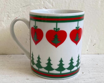Vintage 1980's Takahashi Christmas Mug, Hearts, Trees, Coffee/Tea