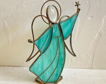 Vintage Stained Glass Angel with a Star, Blue/Aqua, 1980's Christmas
