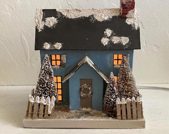 Vintage Winter House Light, Putz Style, Holiday Decor, Christmas Village