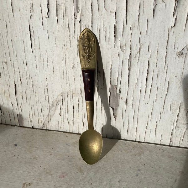 Vintage Teak/Brass "Siam" Miniature Spoon, Thailand, Bhudda, Southeast Asia, Nickel Bronze, Souvenir, Utensil, Salt Cellar, Kitchen Decor