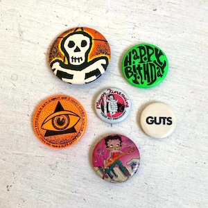 Vintage Set of 6 1980&#39;s/1990&#39;s Pins, Button, Betty Boop, Jewelry, Lapel, Punk Fashion, Political, Diane Feinstein, Skeleton, Happy Birthday