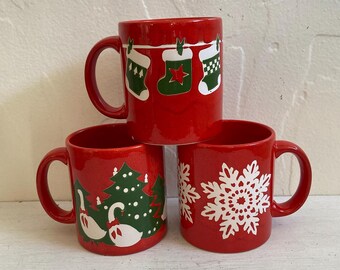 Vintage Set of 3 Waechtersbach Christmas Mugs, Stockings/Geese/Snowflake, Coffee/Tea