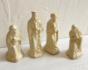 Set of 4 Vintage Paper Mache Manger Scene Figures, Mary/Three Kings, Christmas/Holiday Decor