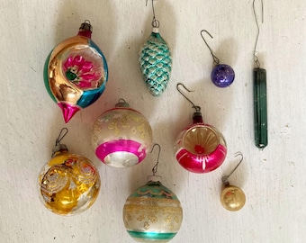 Set of 9 Vintage/Antique Blown Glass Christmas Ornaments, Shiny Brite, Made in Germany