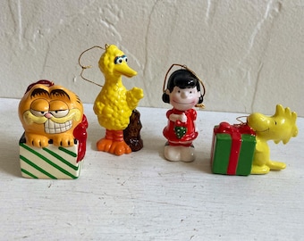 Vintage Set of 4 Christmas Ornaments, Garfield/Peanuts/Big Bird, 1950's-1980's