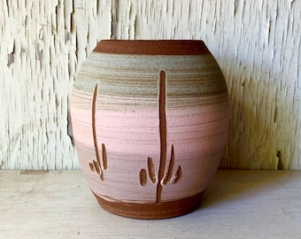Vintage Handmade Cactus Vase, Art Pottery, Terra Cotta, Signed JM, La Verkin Utah 300, Home Decor, Flower Arranging, Desert, Brown/Pink/Blue