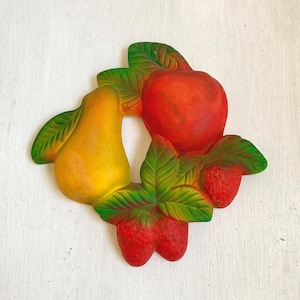 Vintage Chalkware Fruit Wall Art, Mexican Artwork, Strawberry, Pear, Apple, Farming, Gardening, Colorful Sculpture, Kitchen Decor