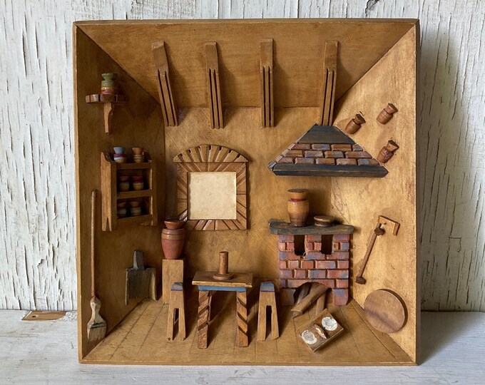Vintage Wooden Room Wall Hanging, Diorama, Wall Art, German Art, Table