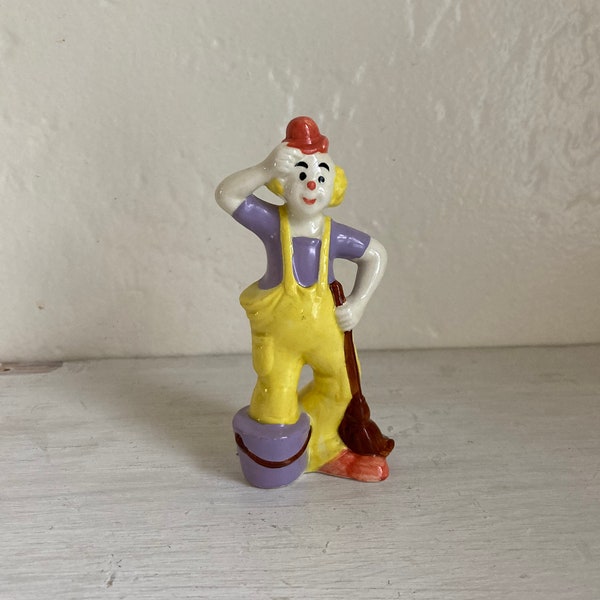 Vintage Ceramic Clown Figurine, Quon-Quon, 1982, Japan, Janitor, Mop, Bucket, Bowler Hat, Purple/Yellow,  1980's Kid's Room, Circus Series