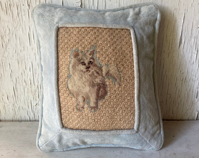 Vintage White Kitten Needlepoint Pillow, Blue/beige, Home Decor, Accent