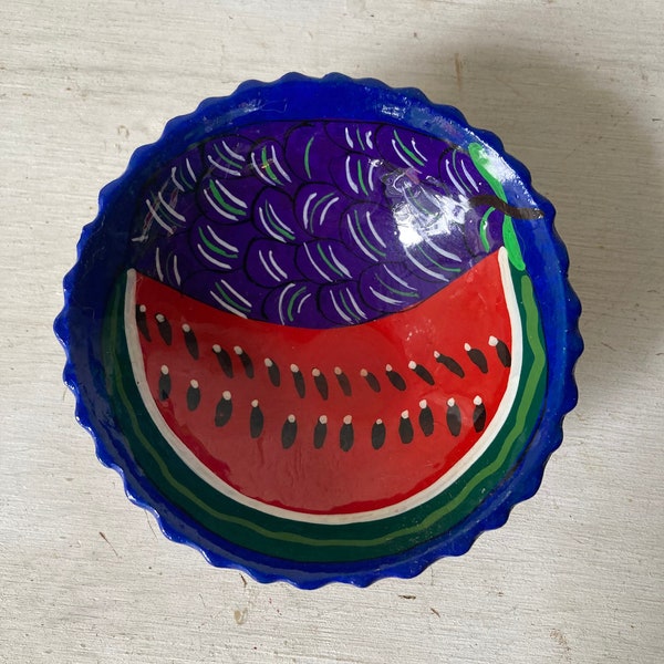 Vintage Small Watermelon Bowl, Terra Cotta, Latin American Art, Mexico, Fruit, Hand Painted, Ring Dish, Colorful Glaze, Kitchen, Palestine