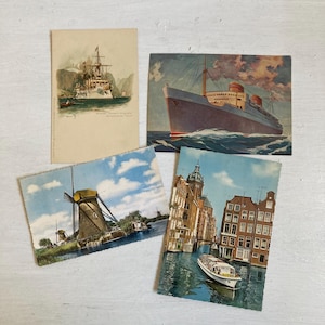 Conjunto vintage de cuatro postales europeas: Venecia, Italia, Países Bajos, Molino de viento, Noruega, Crucero, Barco, Tarjetas de felicitación, Efímeras