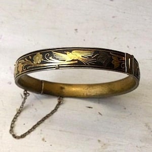 Beau bracelet damas vintage, oiseaux, fleurs, or/noir, jonc, chaîne, Syrie/Espagne, bijoux, accessoires, mode, cadeau