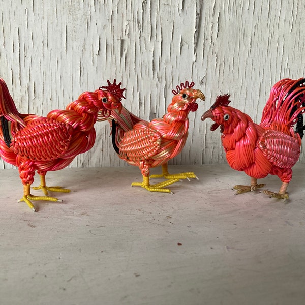 Set of Three Vintage Handmade Wire Chicken Sculptures, Amazing Craftsmanship, Unique Folk Art, Orange/Pink, Animals, Birds, Outsider Art