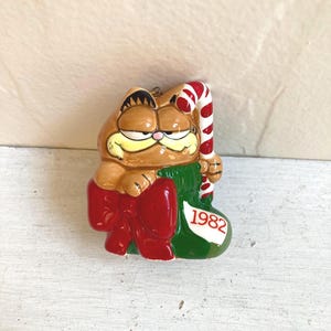 Vintage Garfield Christmas Tree Ornament, Enesco, Cartoons, Comics, Cat, 1980&#39;s Television, 1982, Ceramic, Stocking Stuffer, Candy Cane, Bow