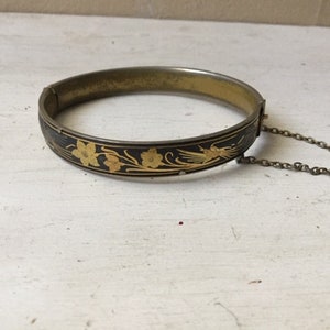 Beautiful Vintage Damascene Bracelet, Birds, Flowers, Gold/Black, Bangle, Chain, Syria/Spain, Jewelry, Accessories, Fashion, Gift
