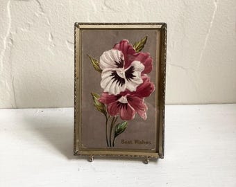 Vintage Framed Pansy Postcard, Antique, &quot;Best Wishes&quot;, Gold Frame, Purple/White/Gray, Plants, Flowers, Home Decor, Springtime