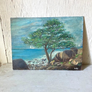 Vintage Landscape Acrylic Painting, Ocean and Tree, Sailboat, Rocks, S.B.V., California, Original Art, Green/Blue/Brown, 16 x 12, Seascape